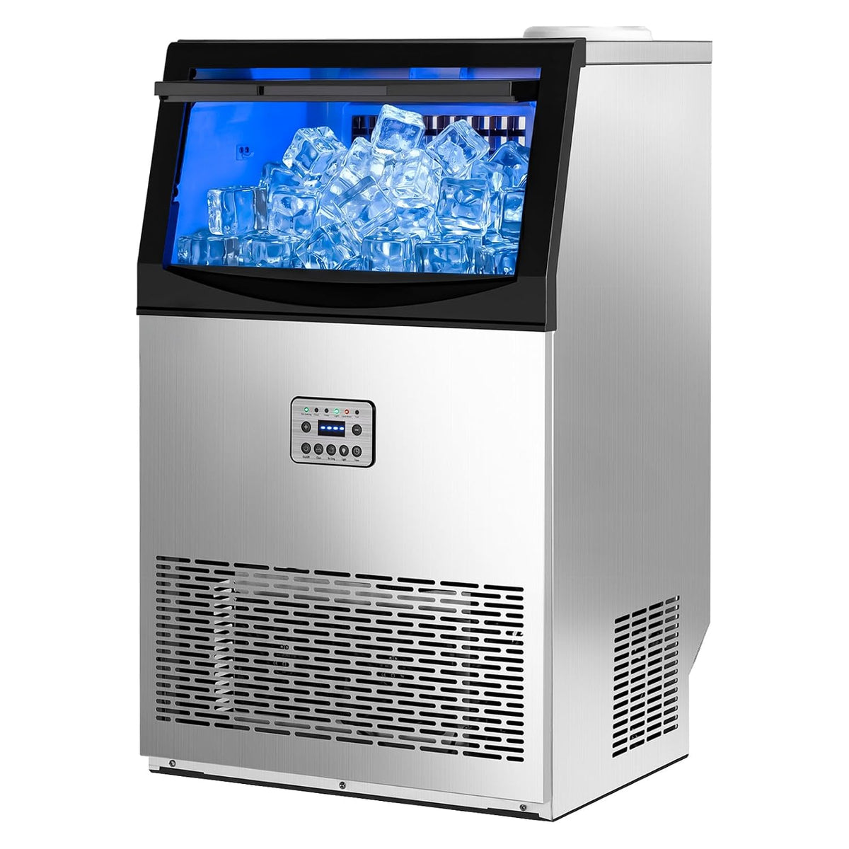 Máquinas para hacer hielo LEADZM, Máquina de hielo comercial 50 kg/24h, capacidad de almacenamiento 23 kg, 50 cubitos de hielo por ciclo, acero