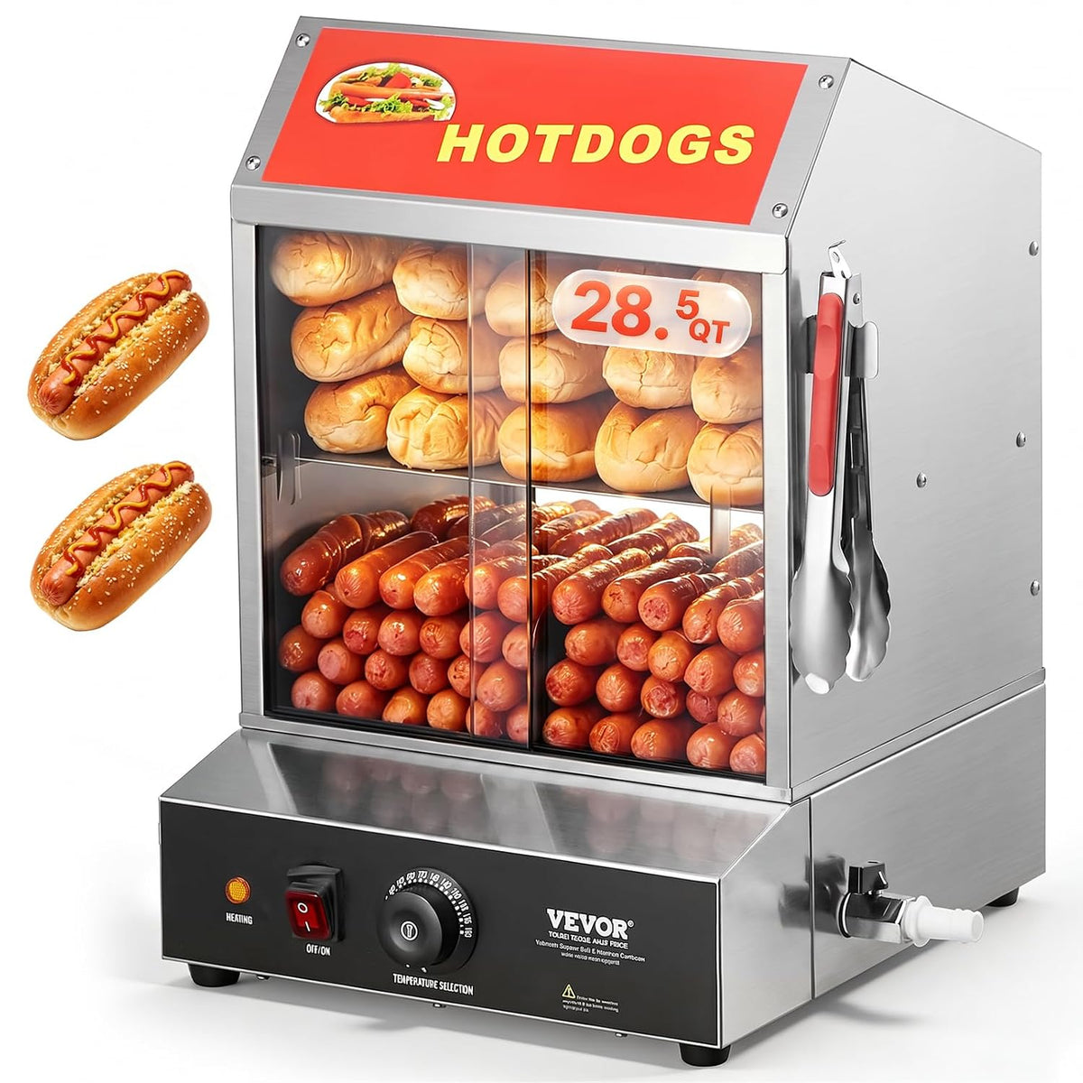 Calentadores de comida Vaporera para Perritos Calientes, 27 L, 2 Niveles, Control de Temperatura de 30 ℃ a 85 ℃, con Puertas Corredizas de Vidrio
