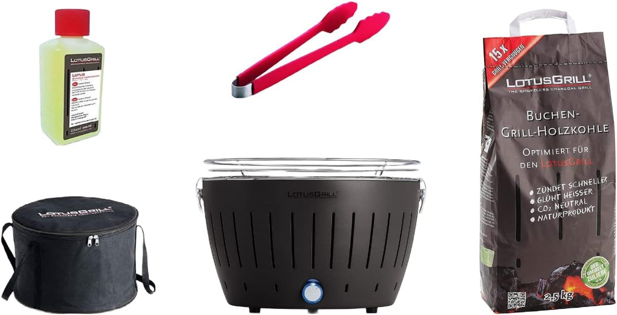 LotusGrill Barbacoas de carbón, Juego de iniciación de barbacoa de carbón vegetal sin humo: 1 barbacoa con conexión USB de color gris antracita, 1