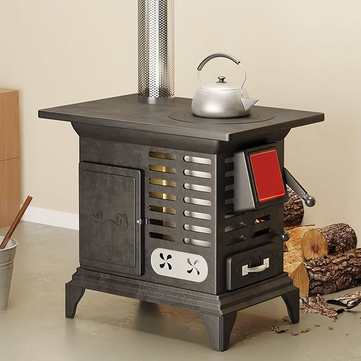 Generic Hornos chimenea, Estufa De LeñA Y Pellets con Horno Y Entrada De Aire Ajustable, Doble FuncióN: LeñA Y CarbóN For Cocinar, CalefaccióN Y