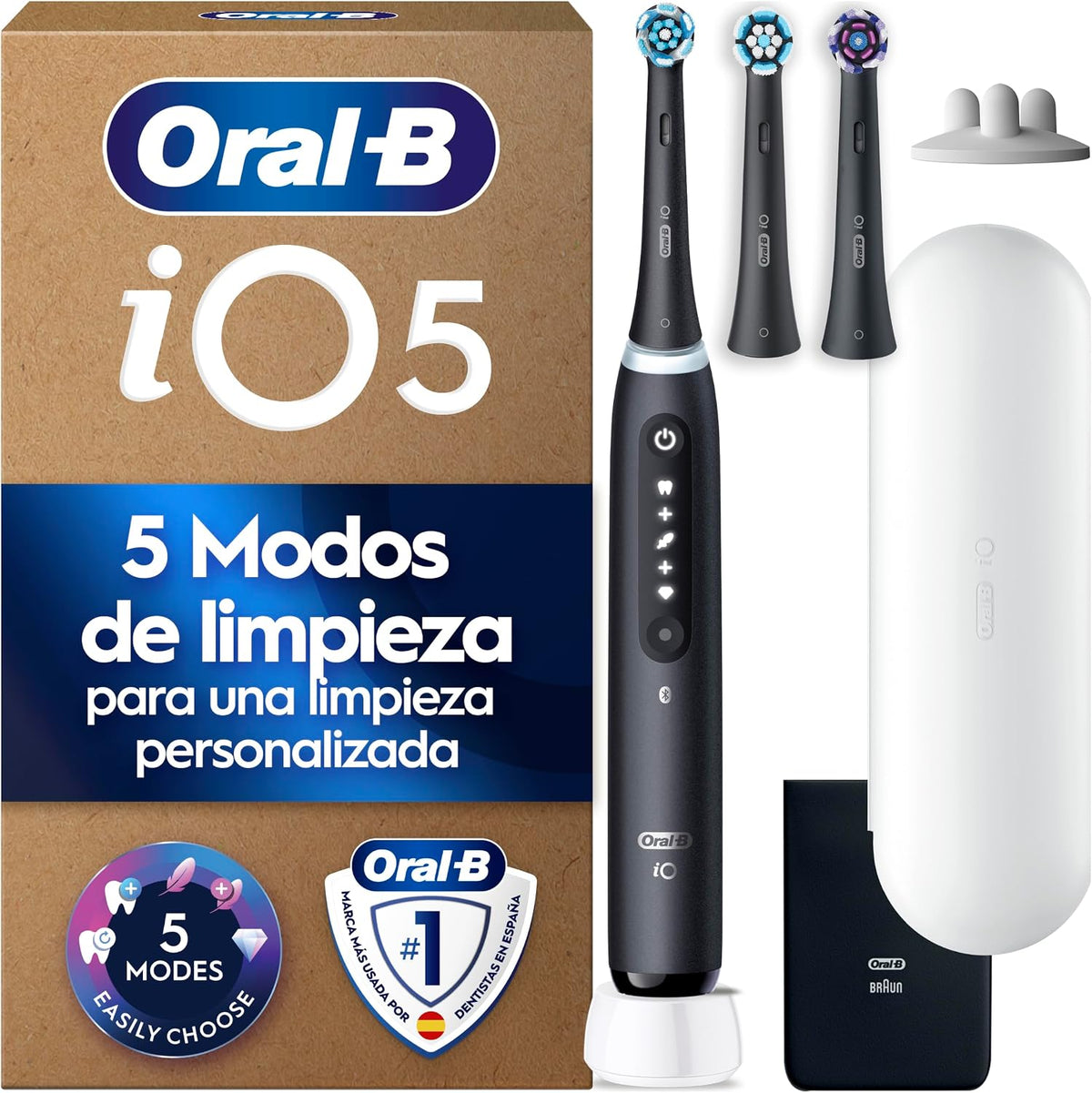 Cepillos de dientes eléctricos de rotación Oral-B, iO 5 Cepillo de Dientes Eléctrico con 3 Cabezales, Negro
