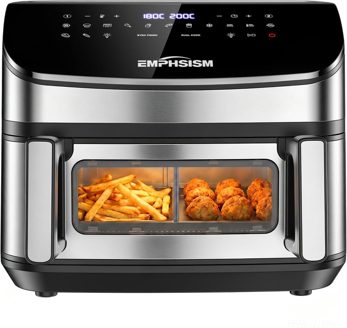 Emphsism Freidora de aire, Aire 12L Doble Resistencia, 2600W Doble Cesta Grande Airfryer con Arriba y Abajo, Air Fryer 13 en 1 con Ventana