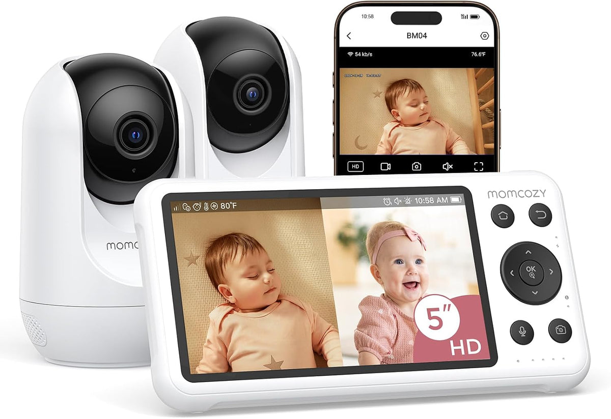 Monitores de vídeo BM04 Camara Vigilancia Bebe WiFi con 2 Cámaras, 5' 1080P, App Control, momcozy