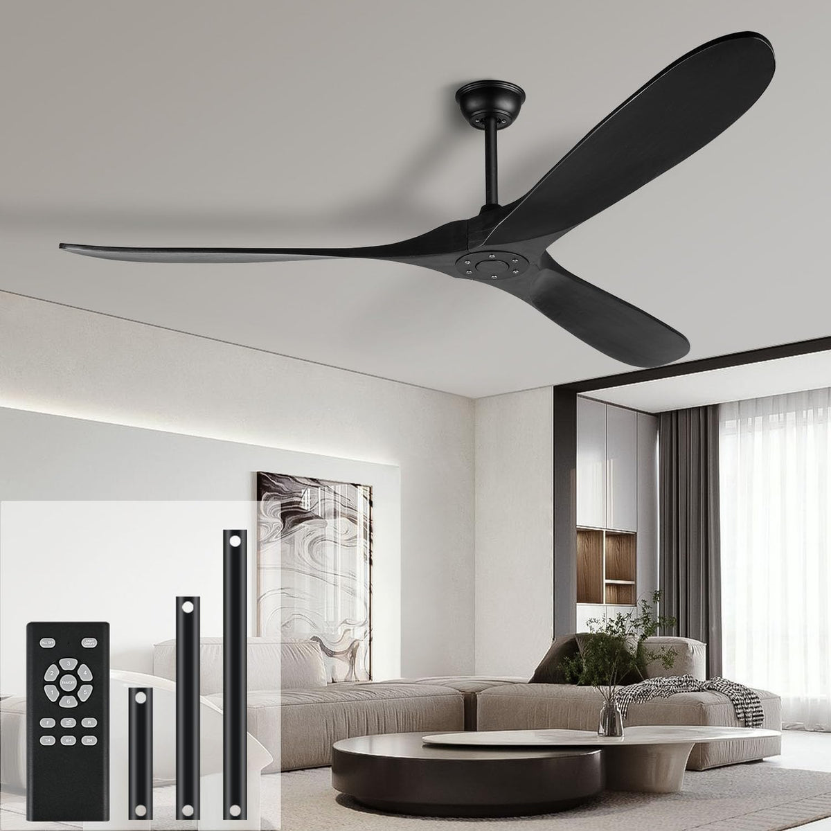 Ventiladores de techo Ventilador de techo negro de 72 pulgadas sin luz para interiores y exteriores, madera de 3 hojas, sin luces, para patios, sala