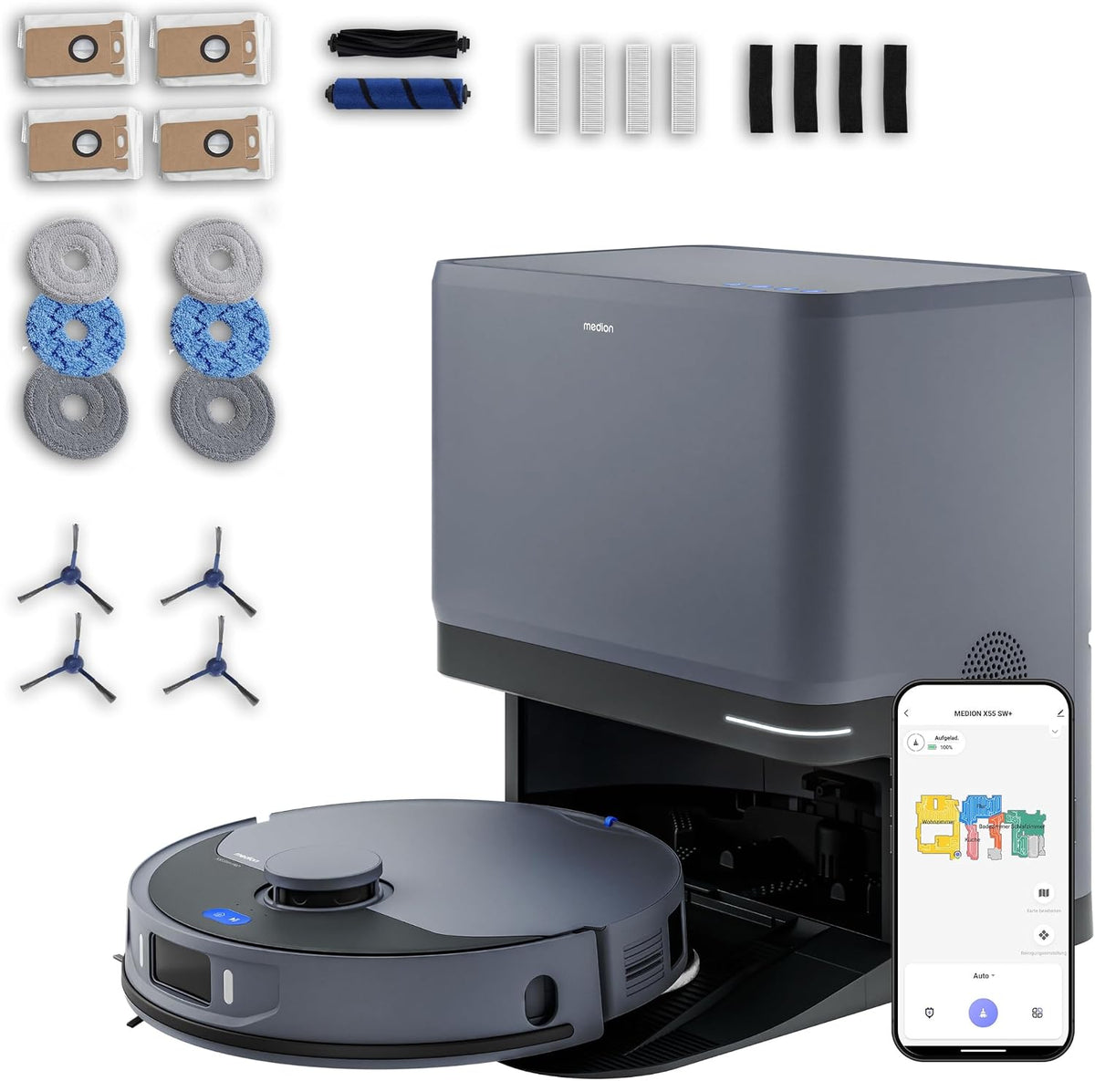 Robot aspirador MEDION, con estación 3 en 1, navegación láser y función fregado X55 SW+ Pro (10.000 Pa, Robot 2 en 1, mopas giratorias, láser líneas