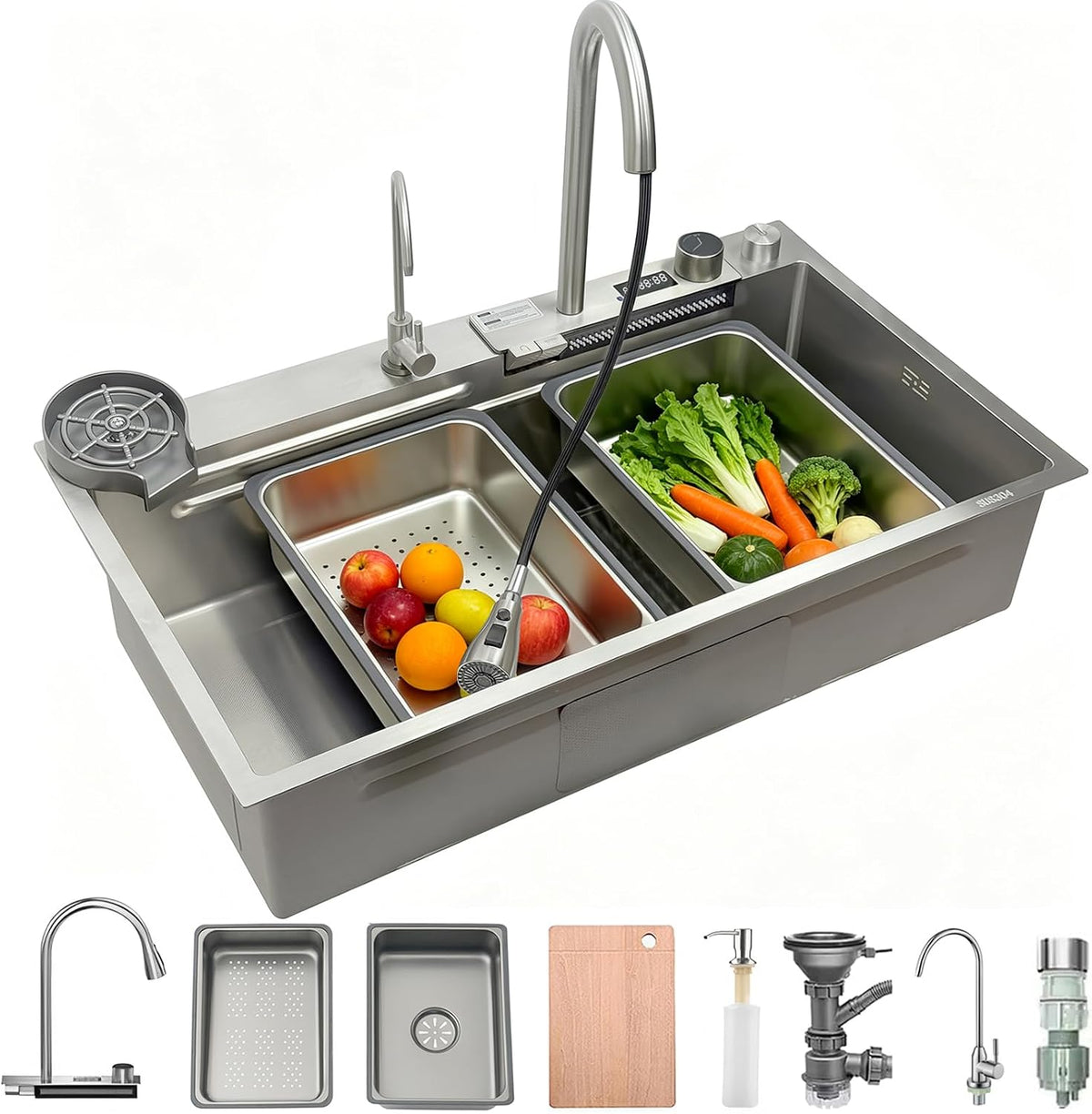 Fregaderos de un seno OMGMTSTORE, Fregadero de cocina en cascada 85x50 cm, fregadero de cocina de acero inoxidable cepillado 304, lavabo de cocina con