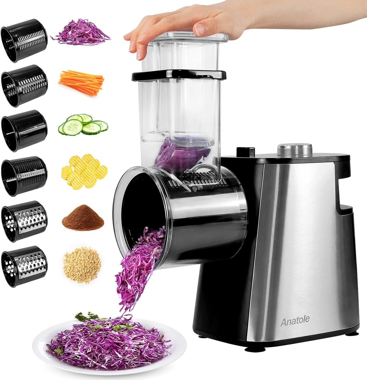Mandolina Anatole, 6 en 1 Cortador de Verduras Eléctrico Rallador de Queso Acero Inox
