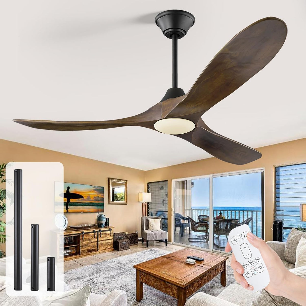 MSHENUED Ventiladores de techo, Ventilador de techo de 132cm con luz, ventilador de techo de madera para interior/exterior con control remoto
