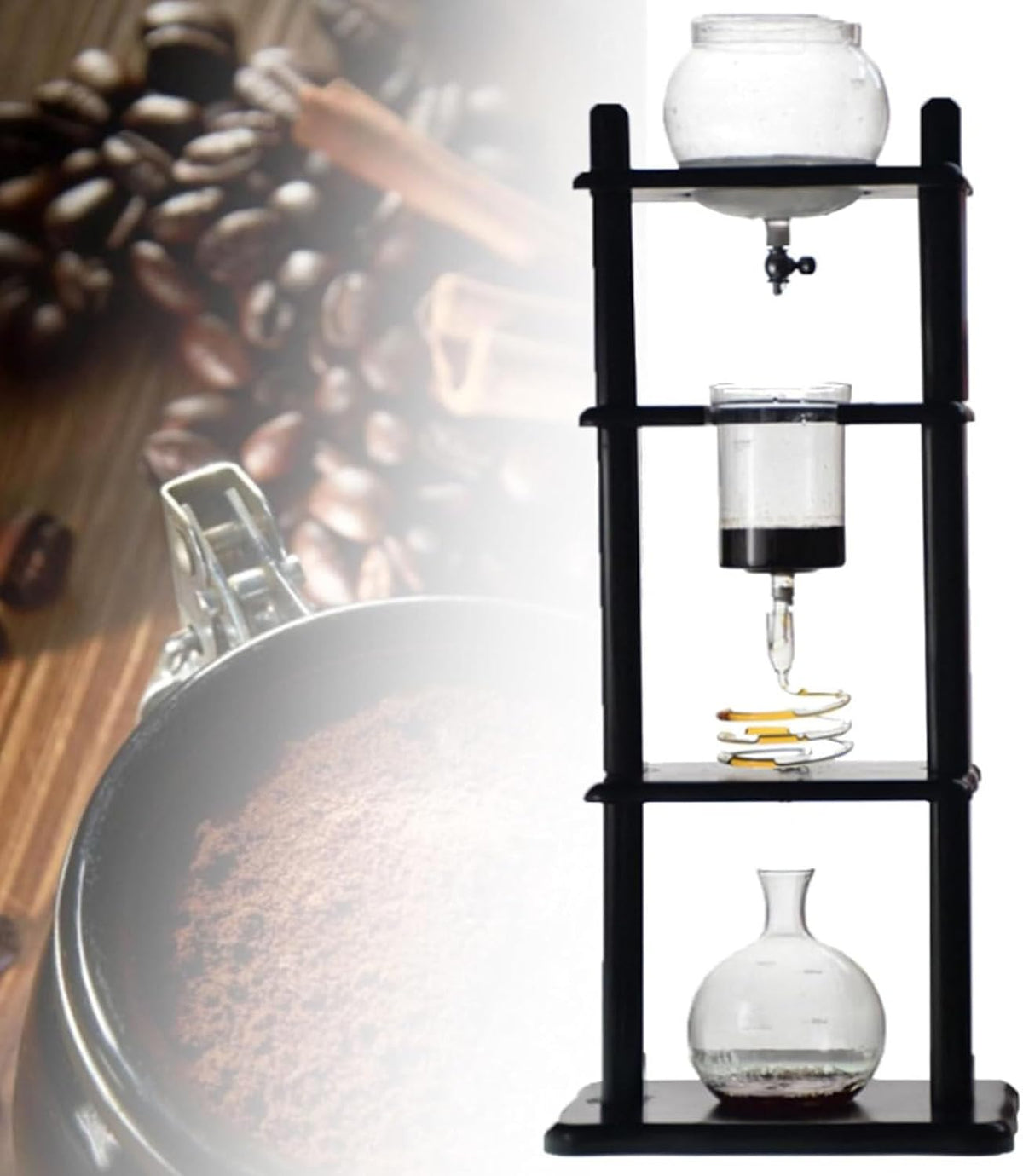 Cafeteras de goteo Cafetera Cold Brew - Torre de goteo vertical de gran capacidad con recipiente de vidrio y soporte de madera - Hace 5-8 tazas