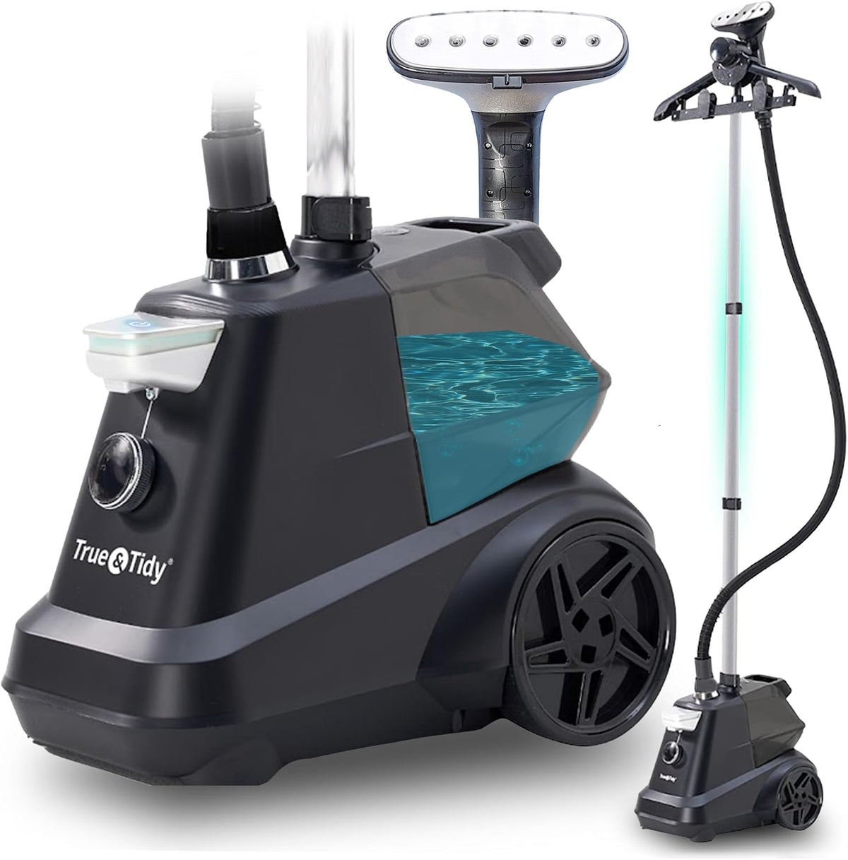 Planchas de vapor vertical de True & Tidy, ® - Vaporizador industrial de pie para ropa, 1800 vatios, tanque de agua XL de 3 litros de 90 minutos de