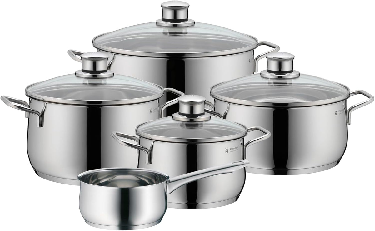 WMF Juegos de olla, Diadem Plus - Batería de Cocina 9 Piezas, Acero Inoxidable Apto para Inducción, 1 Cacerola Baja de 20 cm, 3 Cacerolas Altas de 16