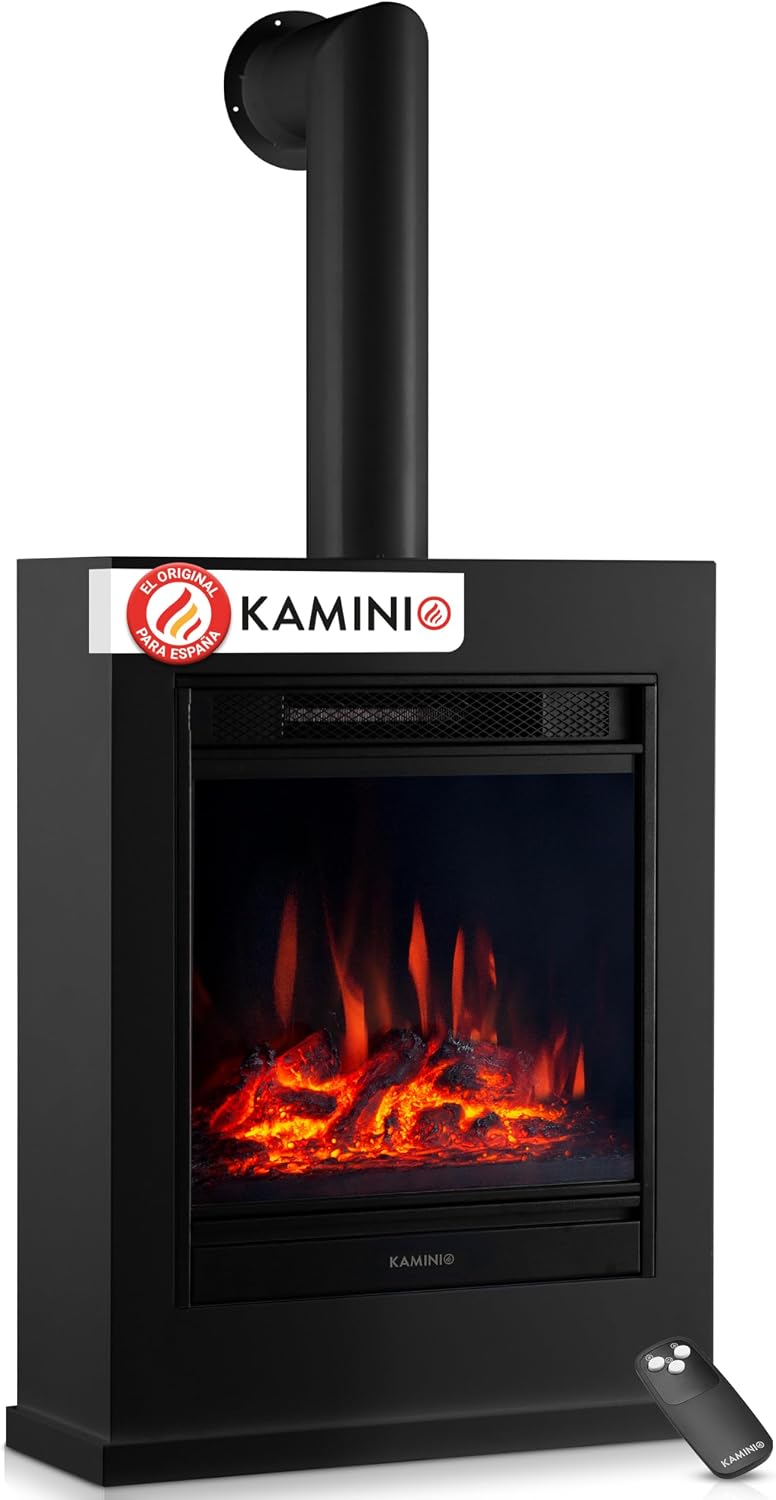 Chimenea eléctrica KAMINIO, Kalle con Tubo de Chimenea - Chimenea eléctrica de pie con calefacción, Efecto de Llama 3D, Control Remoto (Negro)