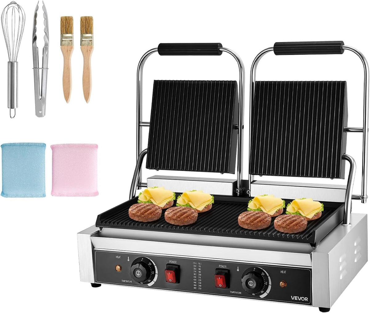 VEVOR Sandwichera, Parrilla de Contacto Eléctrica 3600 W para Sándwiches, de Acero Inoxidable, con Control de Temperatura, Doble Placa Esmaltada