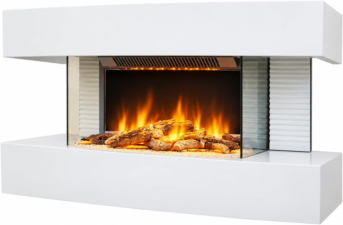 Chimenea eléctrica de Pared con calefacción Lounge Medium, Blanca, Efecto de Llama Leds- Chimenea Decorativa bajo Consumo - Mando a Distancia