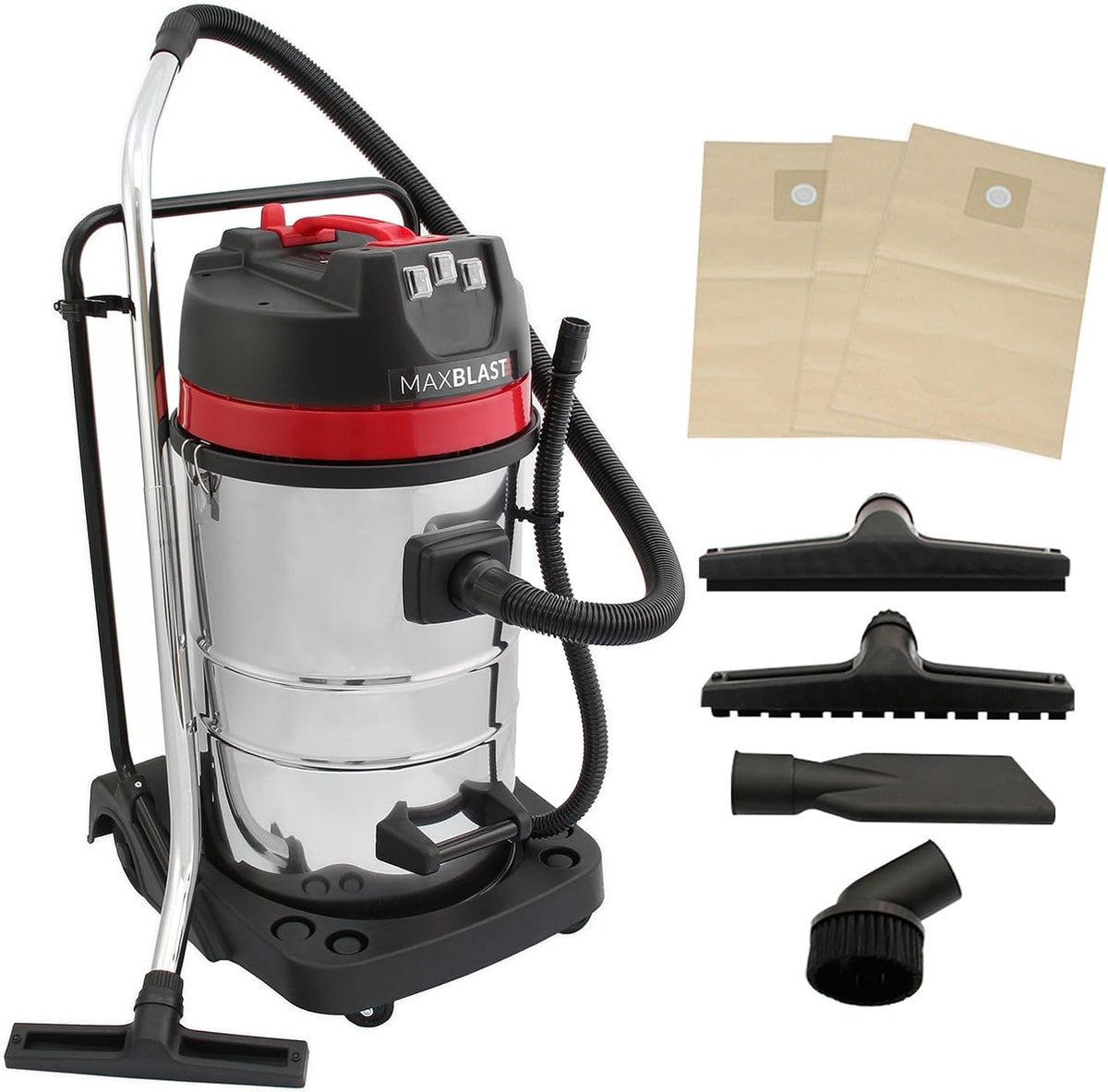 MAXBLAST Aspiradoras industriales para sólidos y líquido, Aspiradora Industrial en Seco y Húmedo de Acero Inoxidable de 80L, 4 Accesorios+3 Bolsas