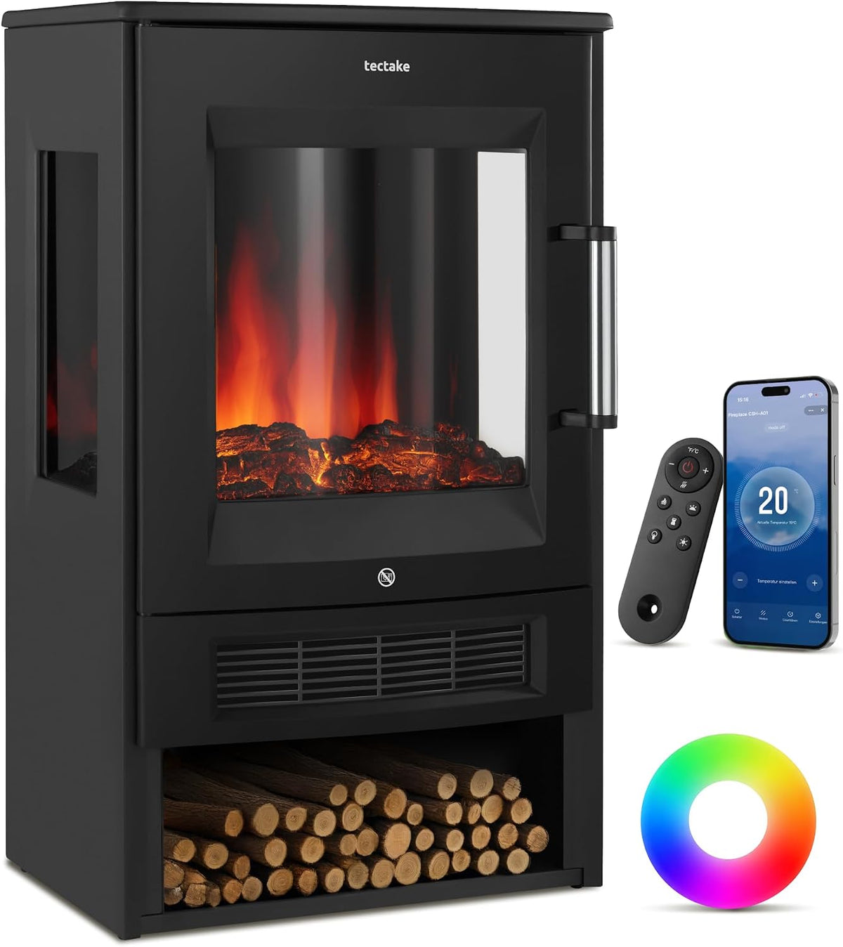 Chimenea eléctrica ® Chimenea Electrica Decorativa con Efecto Llama 3D Realista, 2 Niveles de Potencia 900W y 1800W, Control Digital, Chimenea