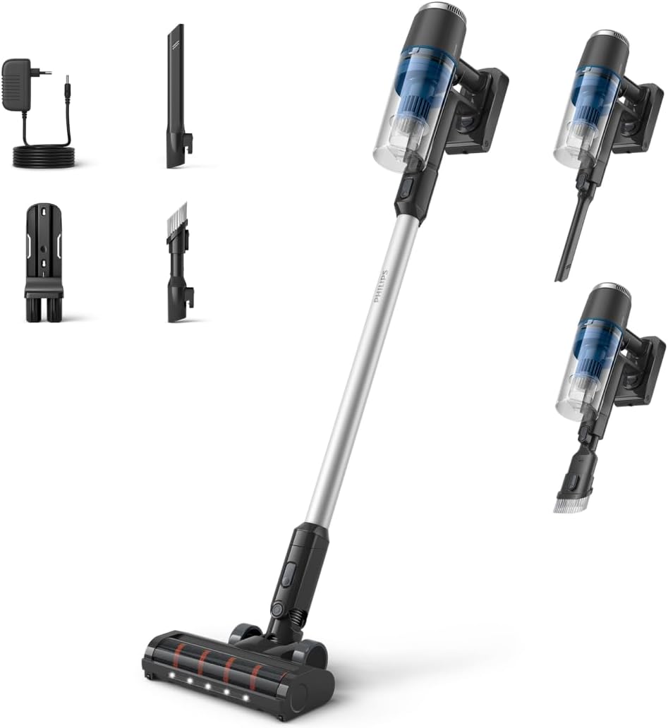 PHILIPS Aspiradoras escoba, Aspiradora sin Cable Serie 3000, Potente succión en Suelos Duros, 60 min de autonomía, Cepillo LED, Accesorios, batería