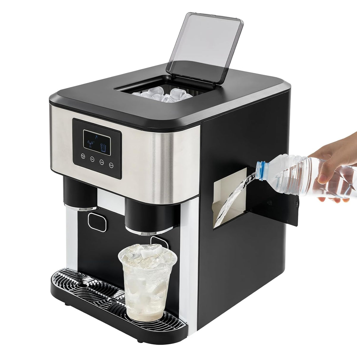 TTISJHK Máquinas para hacer hielo, Máquina de hielo 3 en 1 con dispensador de agua y cubitos de hielo, triturador de hielo y pantalla LCD, producción