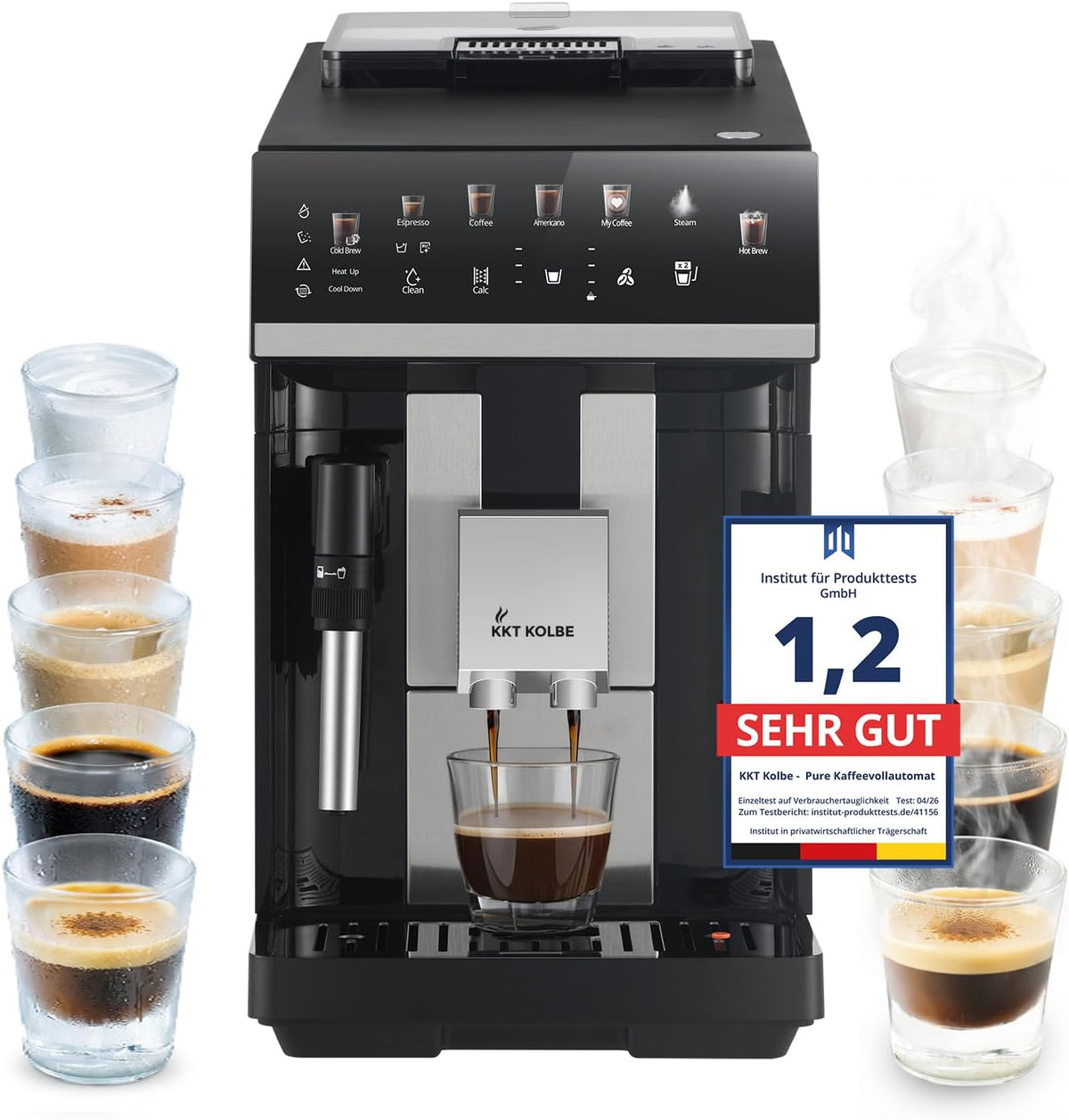 Cafetera automática KKT KOLBE, Cafetera totalmente automática con boquilla de espuma de leche, ColdBrew y accesorios, función de 2 tazas, 15 bar