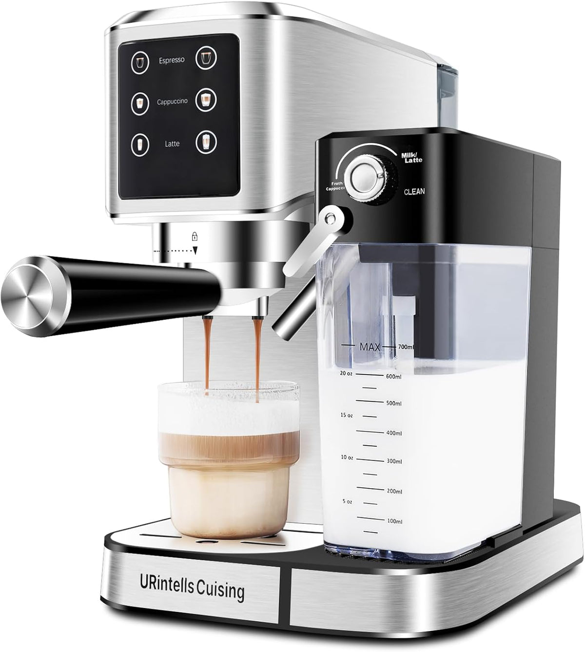 URintells Cuising Cafeteras individual, URintells Máquina de café espresso de 20 barras, máquina de capuchino con visualización táctil con espumador