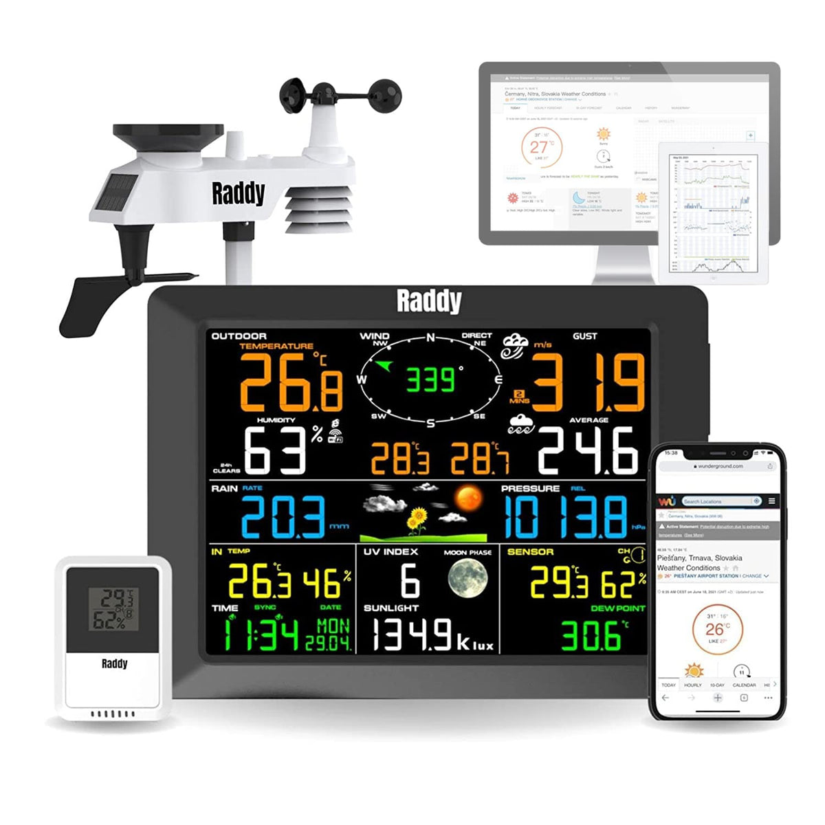 Radioddity WF-100C Estaciones meteorológica, Raddy Estación meteorológica wifi profesional con sensor inalámbrico para exteriores, pantalla de 8'