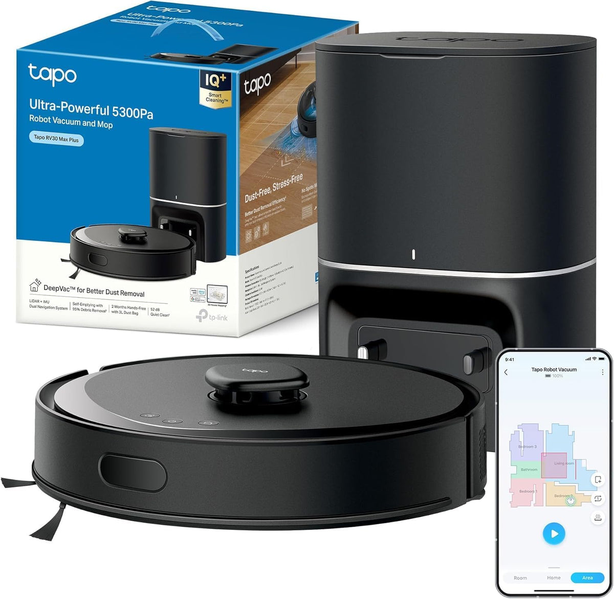 RV30 de Tapo, robot aspirador, MAX Plus-Robot Aspirador Fregasuelos, Base Autolimpieza, 5300Pa