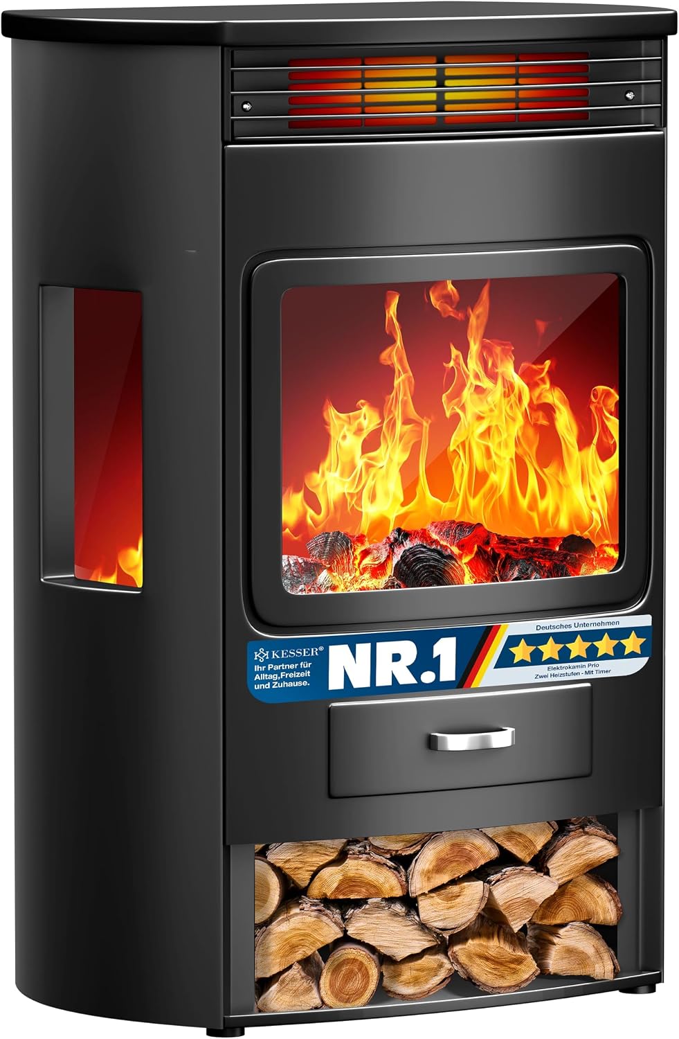 KESSER Chimenea eléctrica, ® Prio chimenea eléctrica con calentador, ventilador, mando a distancia 950/1900W, chimenea eléctrica, LED efecto llama