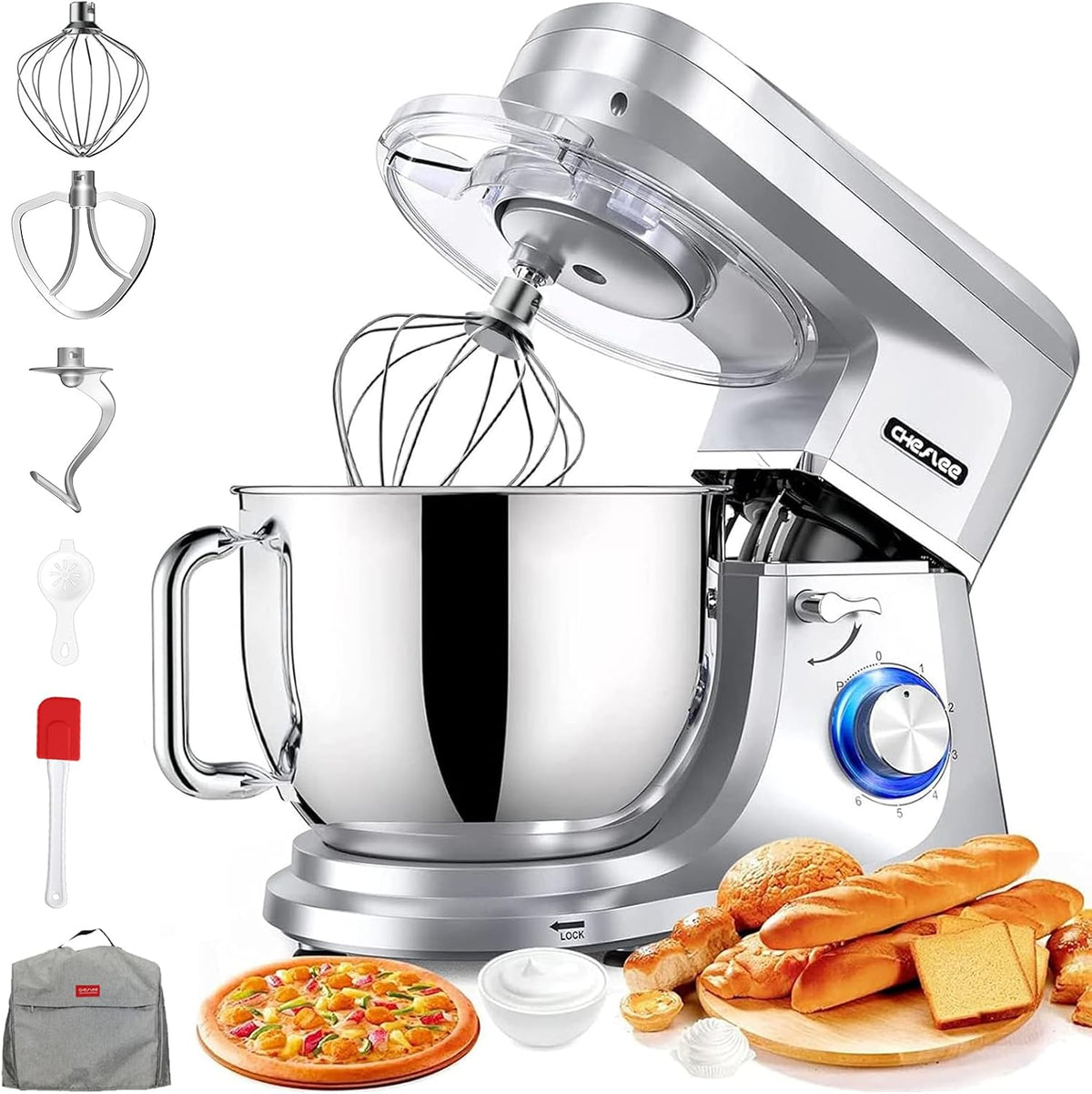 CHeflee Batidoras amasadora, Batidora Amasadora Profesional 2000W Amasadora de Pan con Recipiente de Acero Inoxidable de 8 L Multifuncional Amasadora