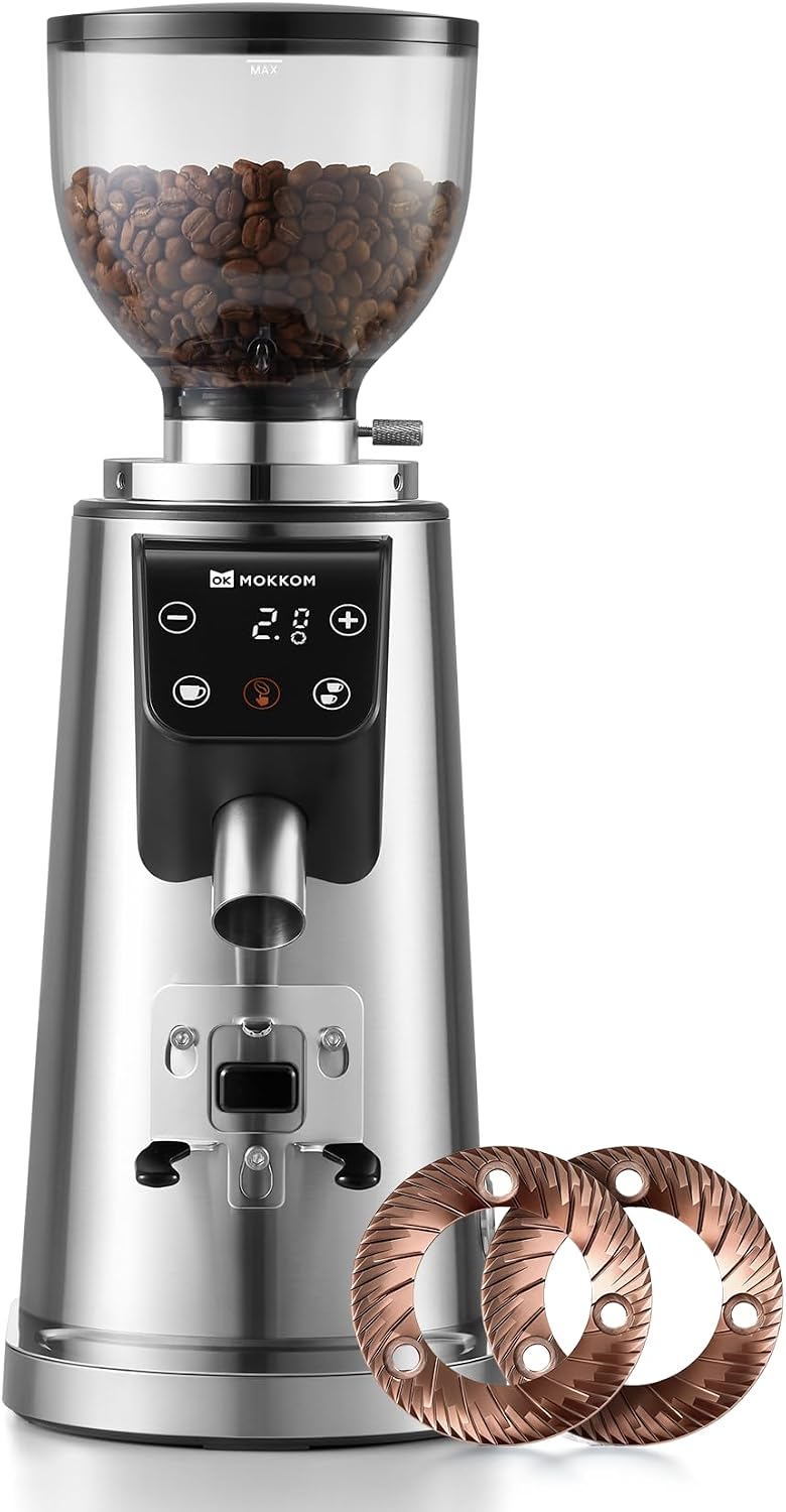 MOKKOM Molinillos de café eléctricos con cuchilla, Molinillo de café plano de titanio de 64 mm para espresso, 100