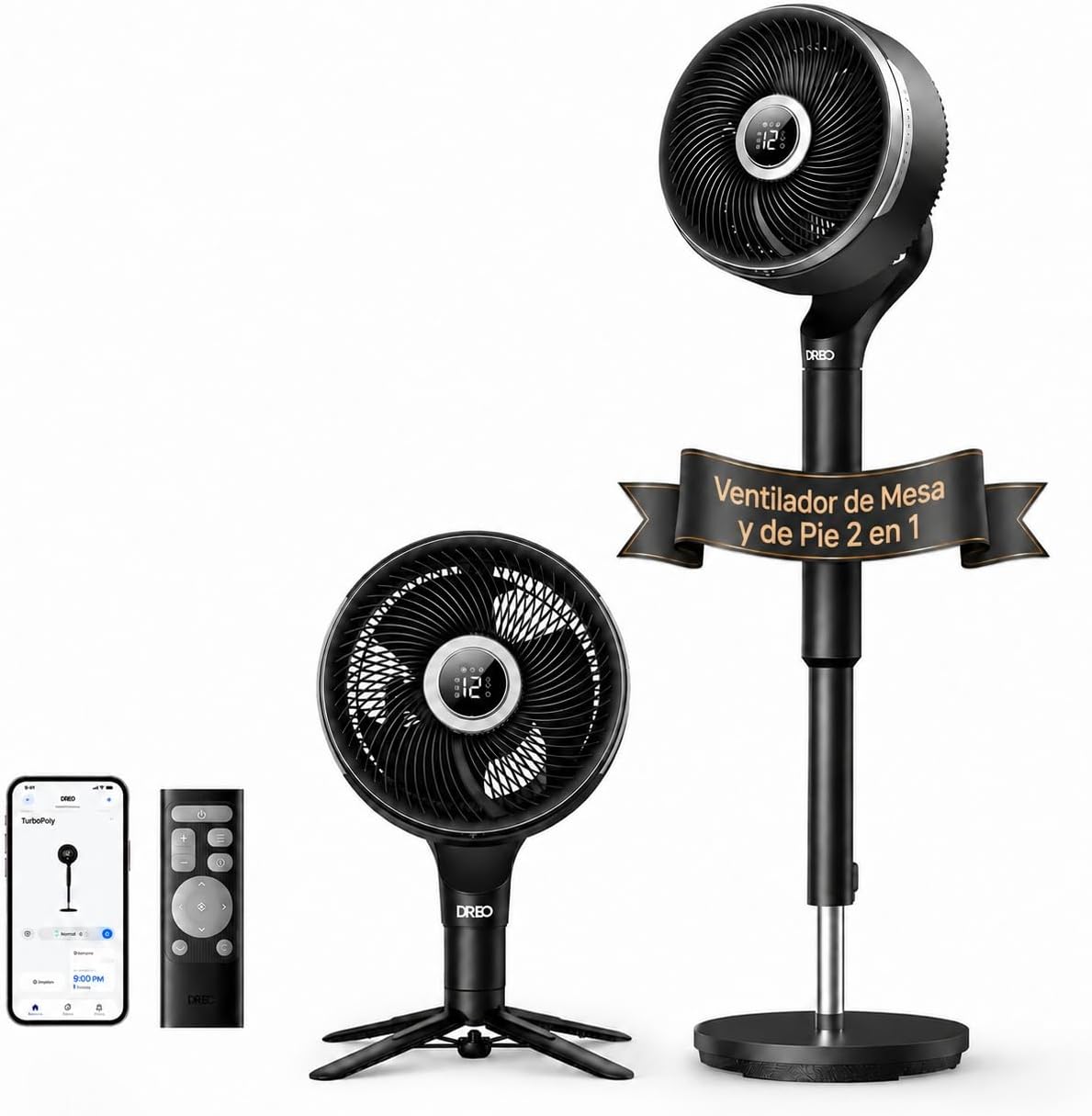 Ventiladores de pedestal DREO, ventilador inteligente para dormitorio, ventilador de pie silencioso con oscilación 150° + 100°, motor DC, 12
