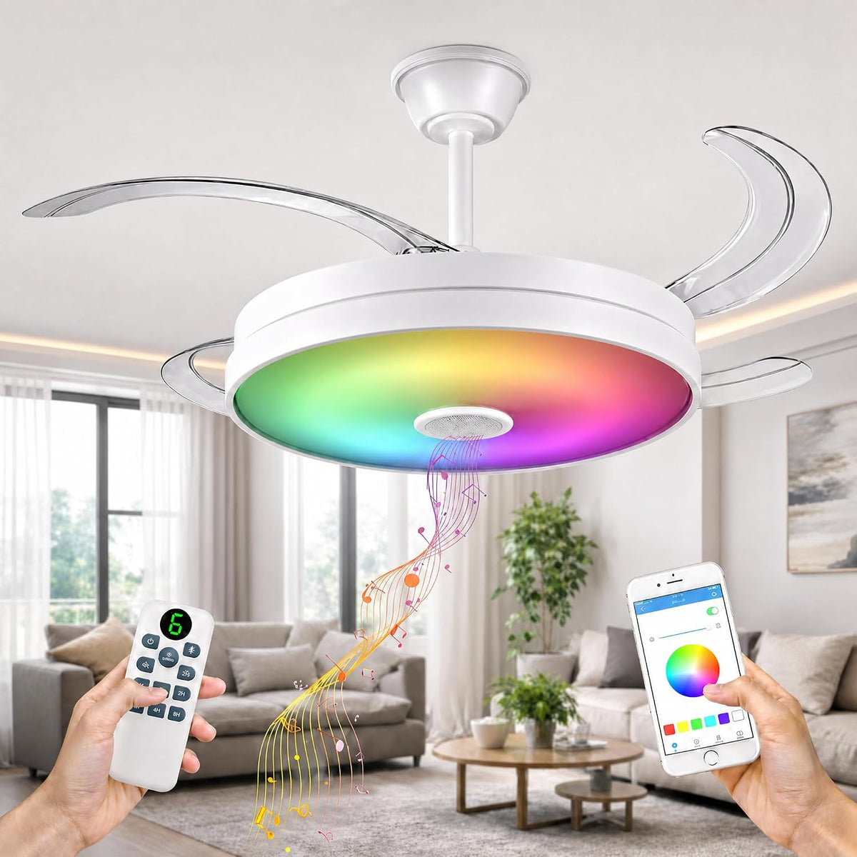 Ventiladores de techo de FAN PROJECT, Ventilador de Techo con Música - 108 cm de Ancho con Aspas Retráctiles, Luz LED y RGB - Silencioso con Lámpara y