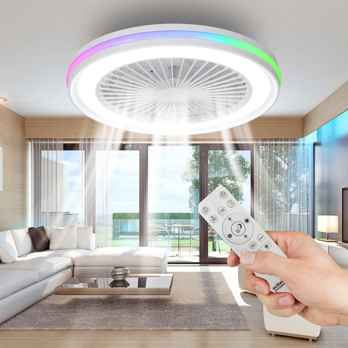 activeallbrite 3000K-6500K Ventiladores de techo, Ventilador de Techo con luz，Motor DC 20W LED 40W, RGB ，Velocidad del Viento ajustable con Control