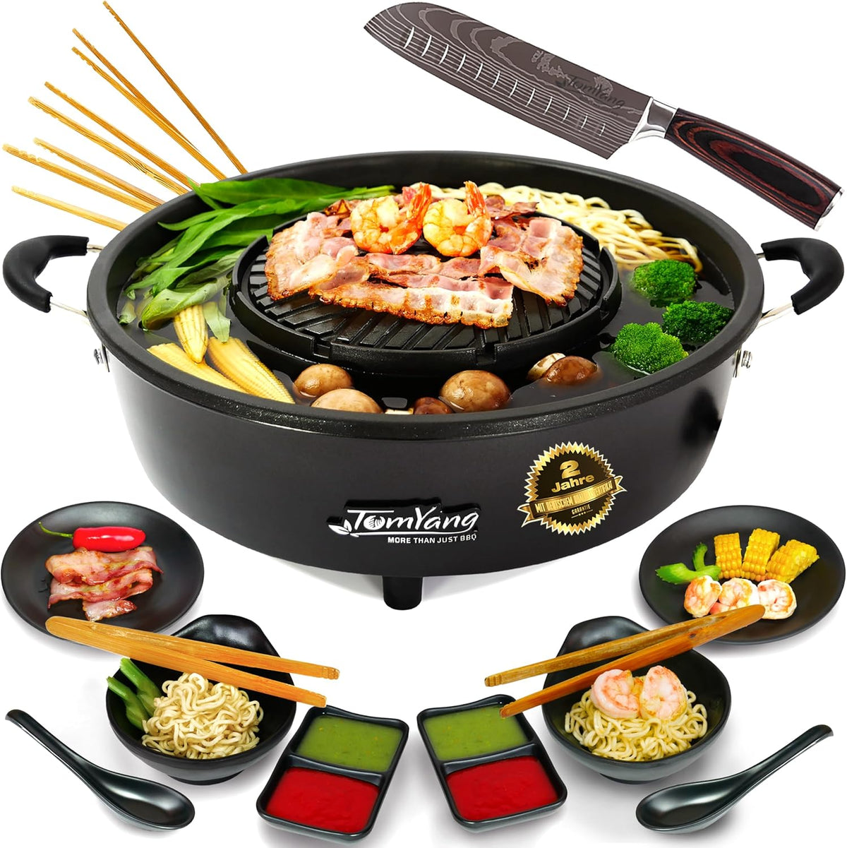 Parrillas eléctrica TomYang, Hot Pot Premium, Incluye Accesorios Premium y Cuchillo Santoku. La Parrilla y Olla Thai Original, Recubrimiento