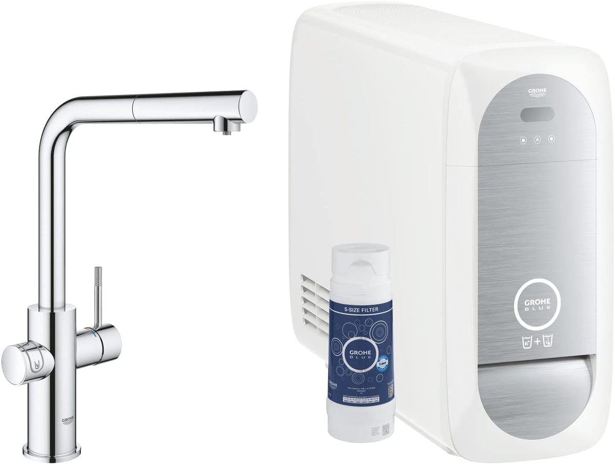 Grifos de fregadero de cocina táctil GROHE, Blue Home - Grifo monomando de fregadero con función filtro de agua, caño en L, sin gas, con poco gas y