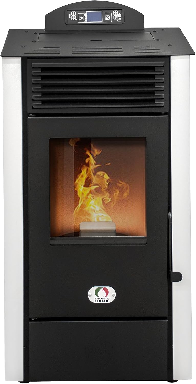Calefacción de pellet STUFE A PELLET ITALIA, California WiFi de 8 kW: horno de convección, 91% de eficiencia, 70 m², tiempo de calefacción
