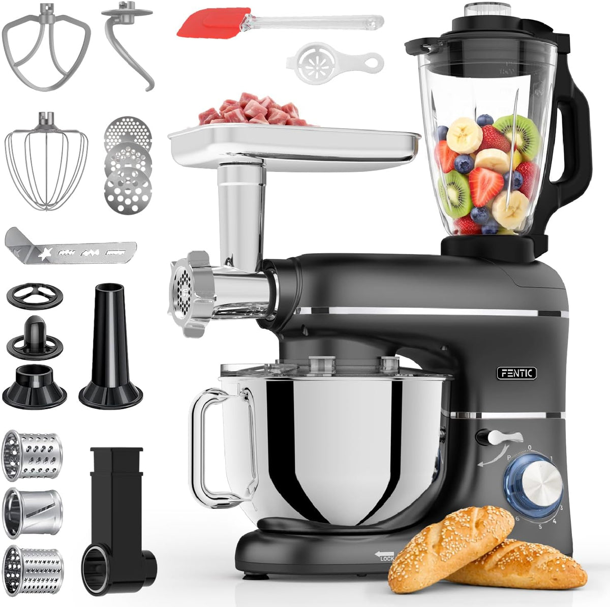 Fentic Robots de cocina, Batidora Amasadora 6 en 1, Robot de Cocina 2000W, Negro