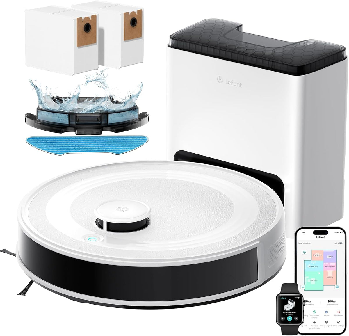 Lefant Robot aspirador, M2 Plus Robot Aspirador y Fregasuelos, 6000Pa Suction, 140min, Mapeo Inteligente con Base Autovaciado, Navegación LiDar dToF