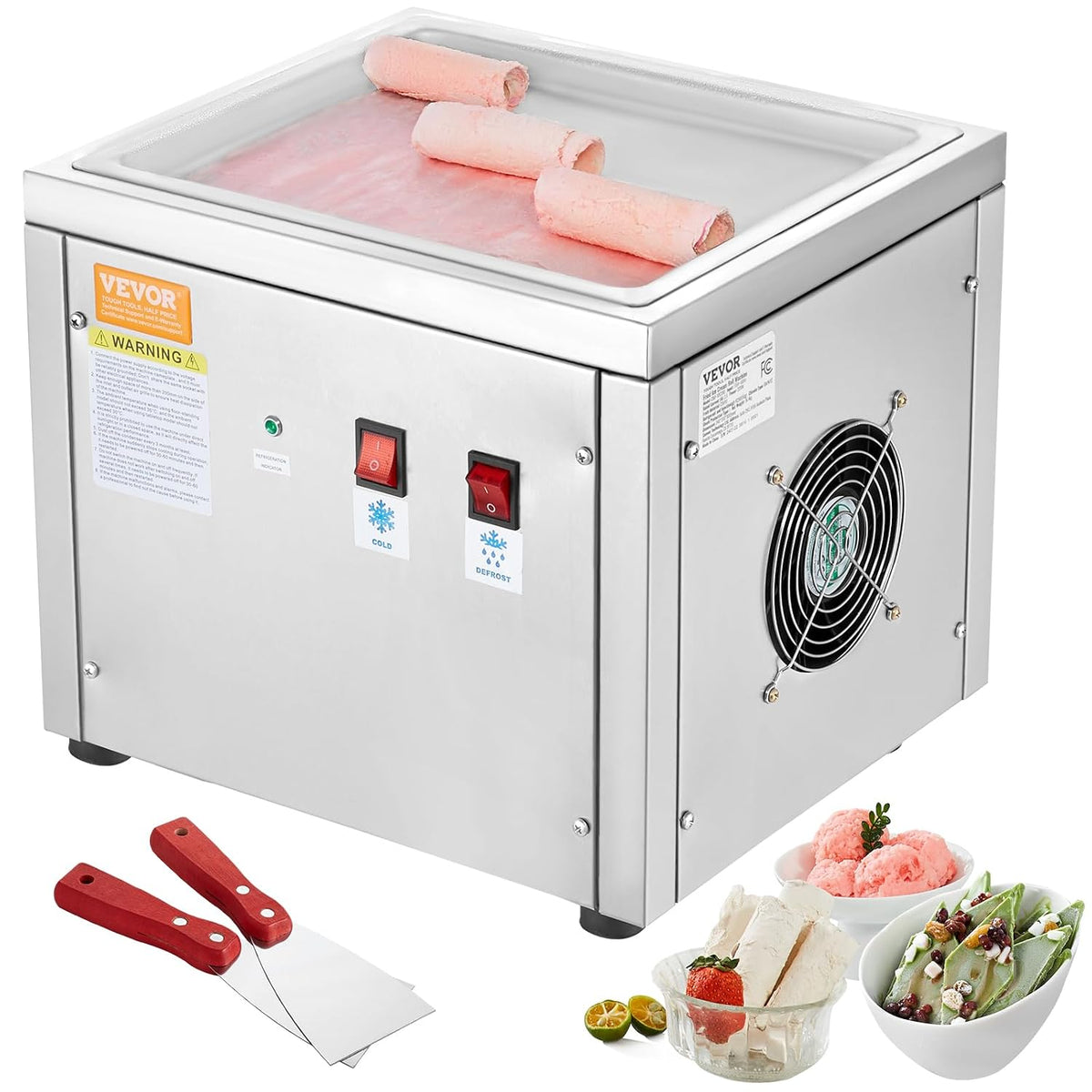 VEVOR Heladera, Máquina para Hacer Helados Fritos - Bandeja de 28 x 24 cm de Acero Inoxidable con Compresor y 2 Raspadores para Yogur Helado