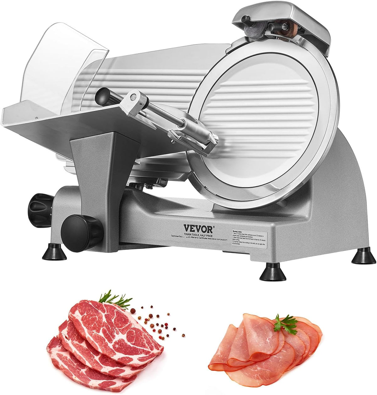 VEVOR Cortafiambr, Cortadora Eléctrica Comercial 340 W, Hoja Acero Inoxidable 250 mm, 360 RPM, Grosor Ajustable, para Jamón, Embutidos, Carne, Queso